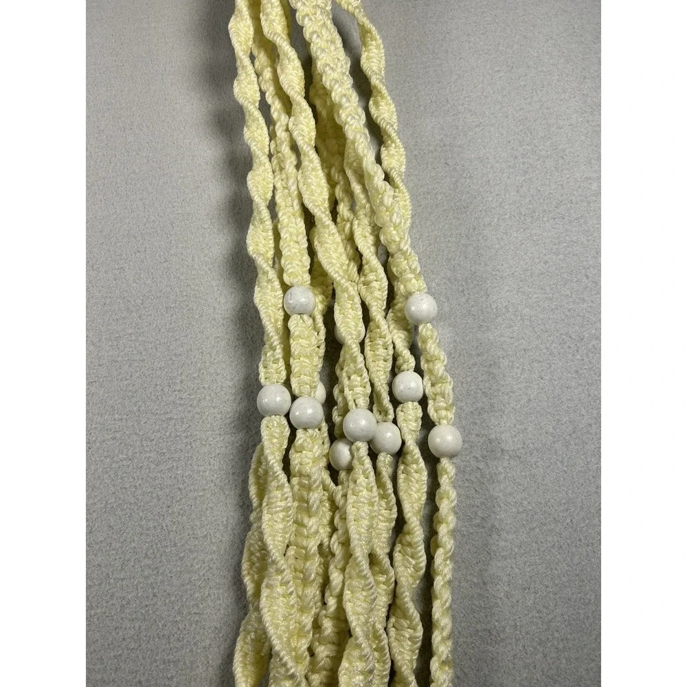 Vintage 1970s Macramé Plant Hanger Boho Yellow Rope with Wood Beads 62
